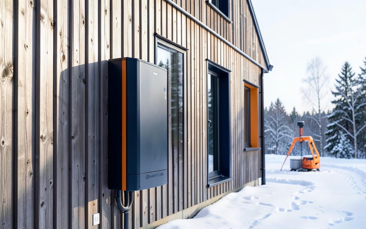 Luft-vattenvärmepump installerad på en svensk villa vintertid