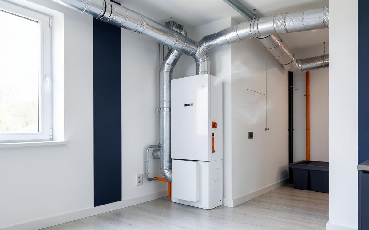 Modernt FTX-aggregat med ventilationskanaler i ett teknikrum