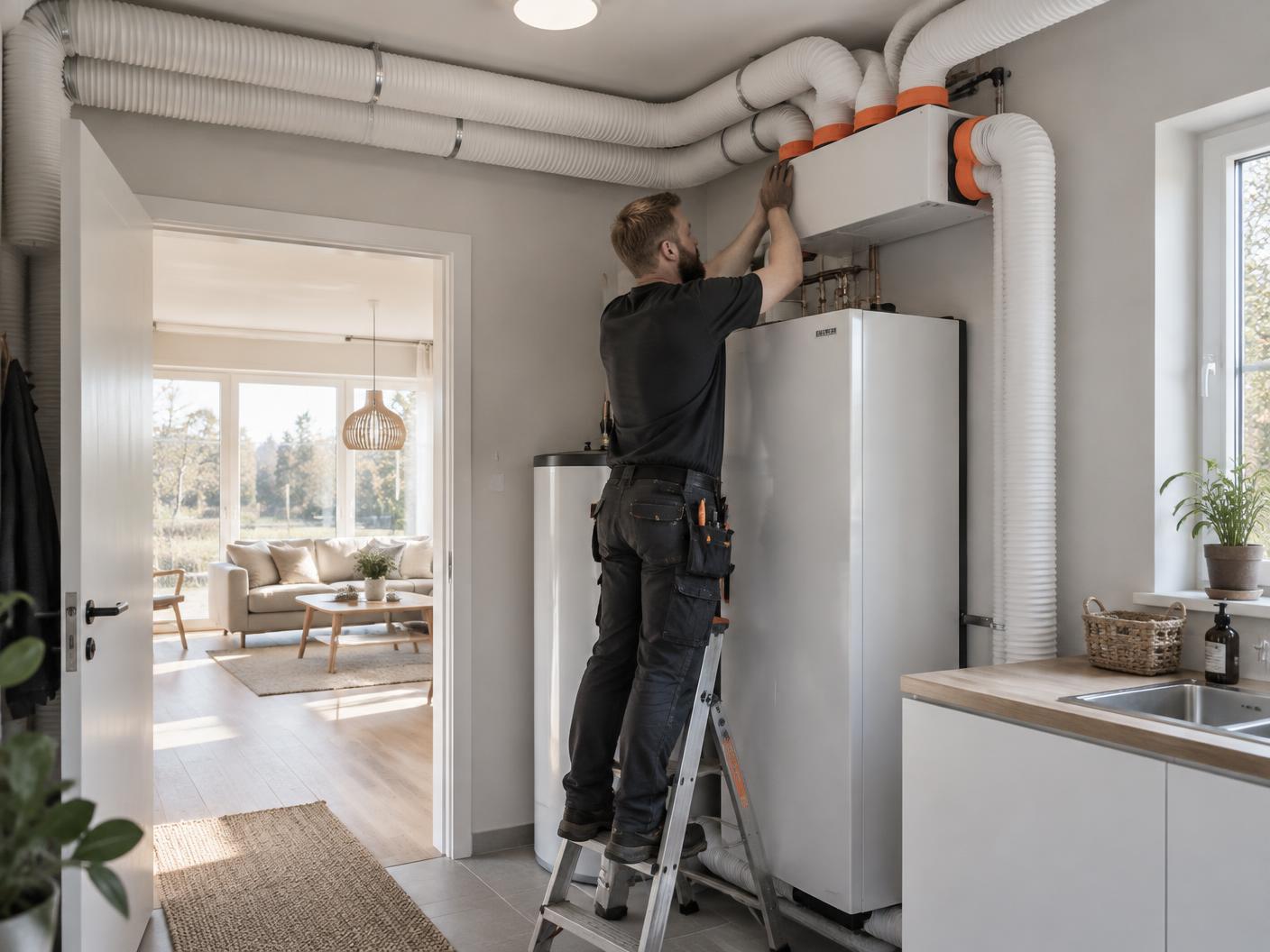 Montör som installerar TohusFlex ventilationssystem i ett modernt hem