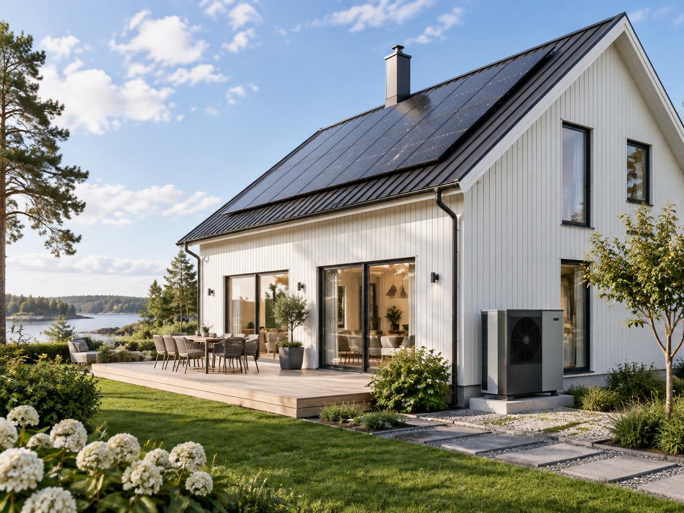 Modern svensk villa med solceller och värmepump